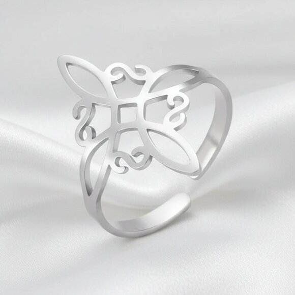 Silver Stainless Steel Witch Celtic Viking Cross Knot Adjustable Open Ring NWOT - Picture 2 of 8
